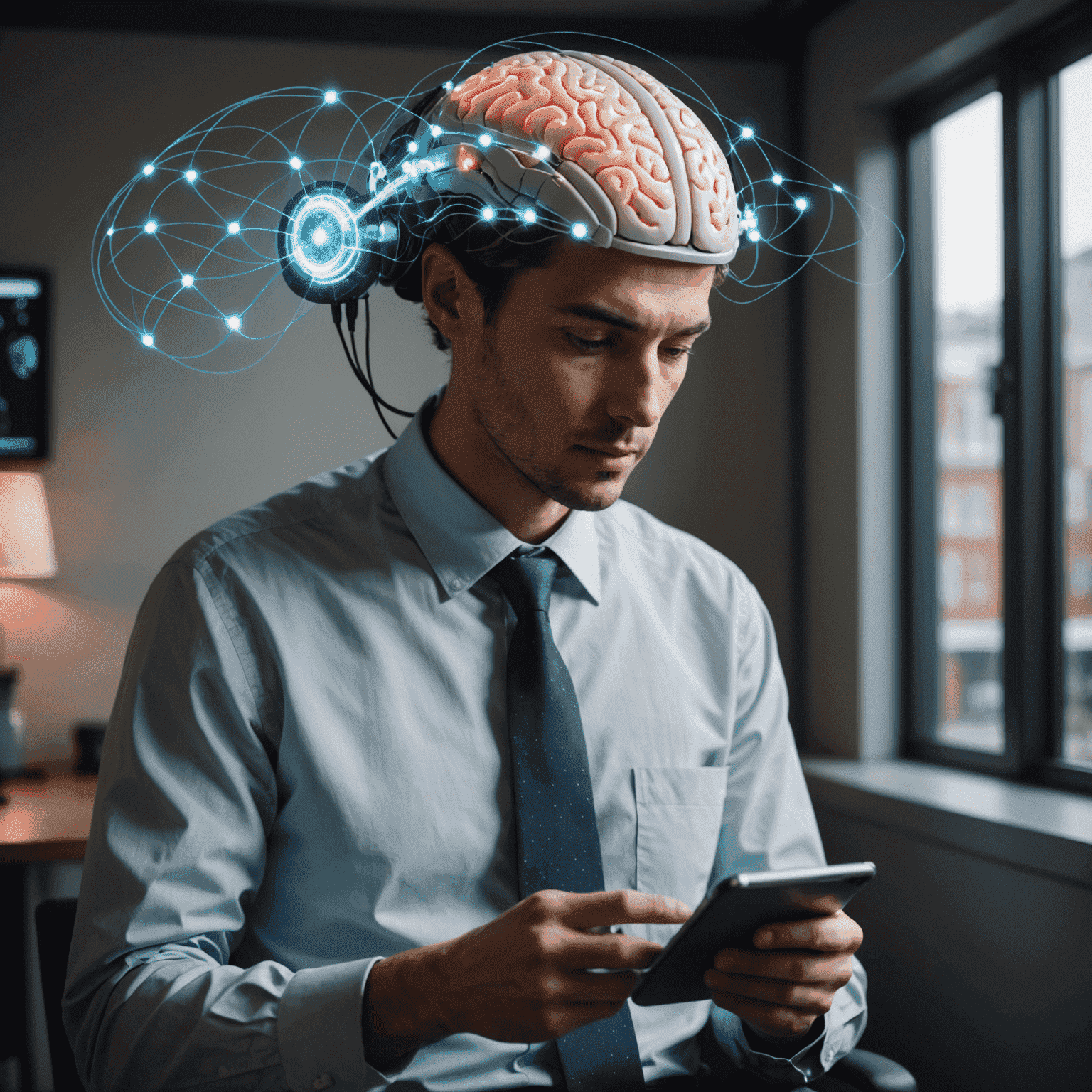 شخص يستخدم جهازًا محمولًا مع واجهة دماغ وحاسوب مدمجة، مع رسومات توضح الاتصال اللاسلكي بين الدماغ والجهاز